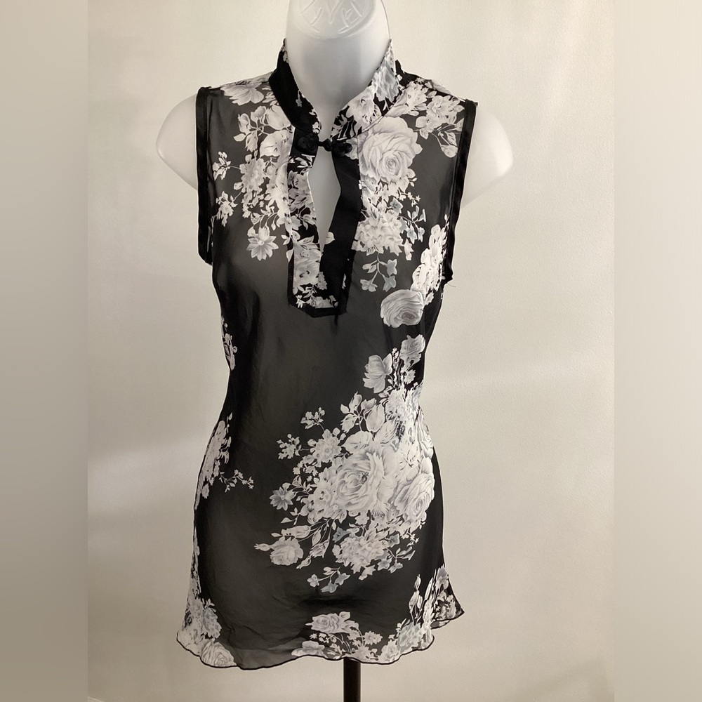 Vtg 2000s Forever 21 Sheer Floral Cheongsam Top Mandarin Collar Black White S